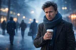 Mann står ute i vinterkulde med kaffekopp i hånden, omgitt av forbipasserende i en bygate.