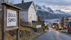 Bolig søkes-oppslag foran en eldre enebolig til salgs, med nyere leiligheter i en norsk kystbygd. Bildekreditering: KI-generert illustrasjon.