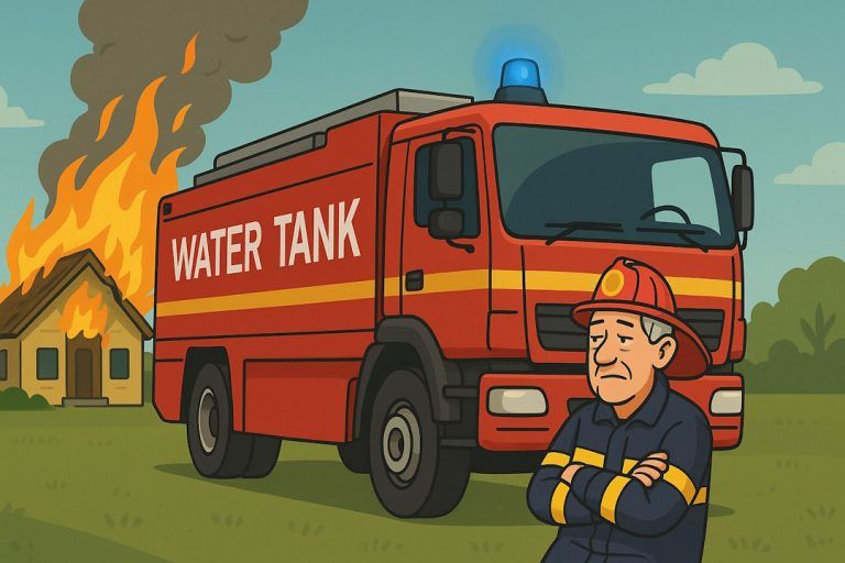 Illustrasjon av en brannbil merket "Water Tank" parkert foran et hus i full brann, med en oppgitt brannmann som står med armene i kors.
