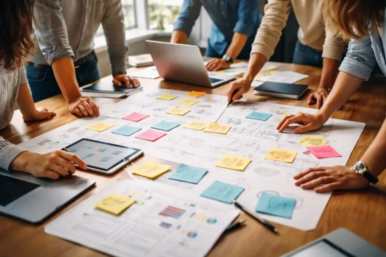 Flere personer står rundt et bord i et moderne kontormiljø og samarbeider om produktutvikling, med skisser, nettbrett, bærbar PC og fargerike post-it-lapper spredt utover bordet.
