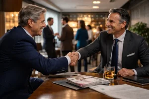 To menn i dress håndhilser over et bord med dokumenter, en bunke eurosedler og et glass med whisky i et dempet, eksklusivt miljø.