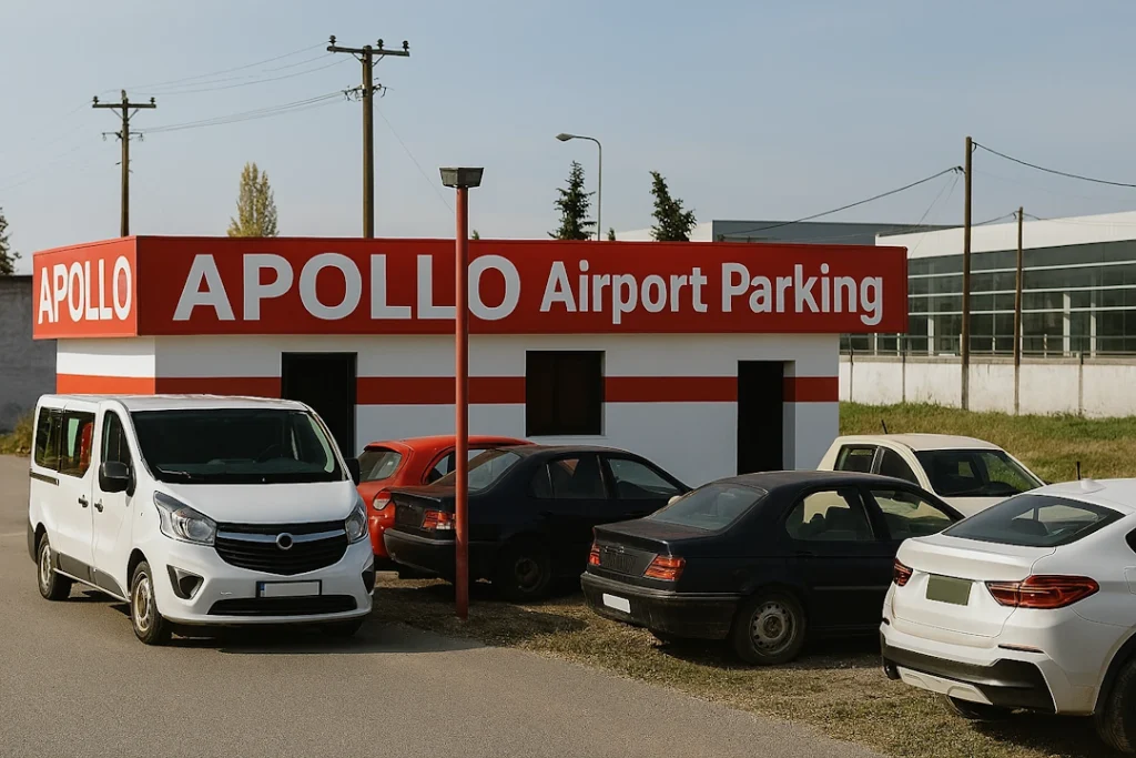 Parkerte biler foran bygningen til Apollo Airport Parking, med rød og hvit fasade og tydelig skilt. Bildet viser et enkelt parkeringsområde med varierende biltyper og en nøktern atmosfære.