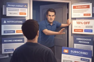 Illustrasjon av en person som blokkerer en døråpning mens en annen prøver å komme inn, omgitt av digitale popup-vinduer med forespørsler om cookies, abonnement og medlemskap, som symboliserer påtrengende samtykkebannere.