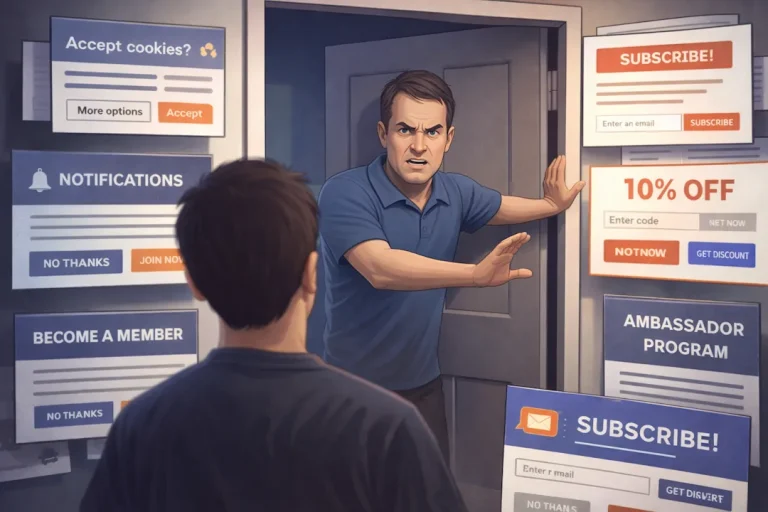 Illustrasjon av en person som blokkerer en døråpning mens en annen prøver å komme inn, omgitt av digitale popup-vinduer med forespørsler om cookies, abonnement og medlemskap, som symboliserer påtrengende samtykkebannere.