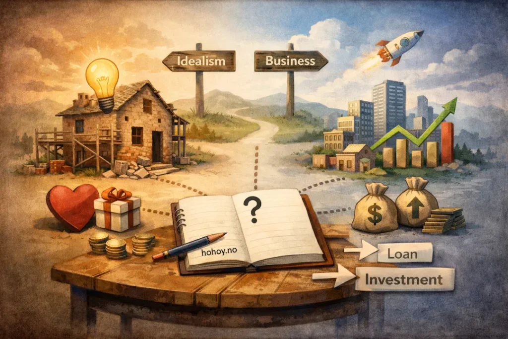 Illustrasjon som viser et veiskille mellom idealisme og business, med et gammelt hus under restaurering på den ene siden og en moderne by med vekstgraf på den andre. I midten ligger en åpen notatbok med spørsmålstegn, omgitt av penger, gaveeske og symboler for lån og investering, som illustrerer valg og avklaringer før crowdfunding.
