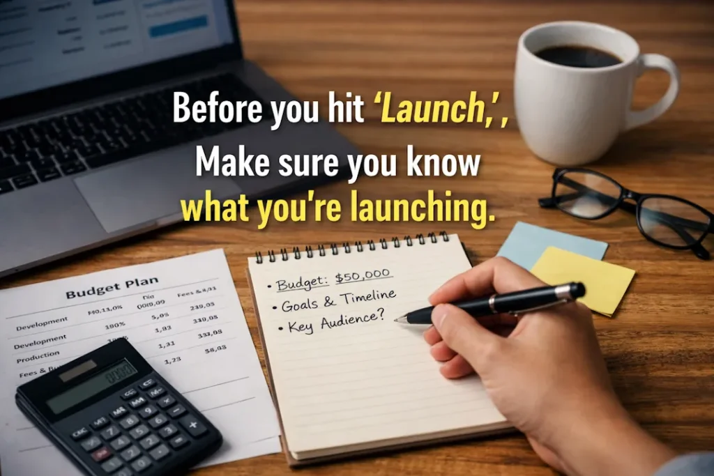 Skrivebord med laptop, budsjettark, kalkulator og notatblokk med prosjektplan, med teksten «Before you hit ‘Launch,’ make sure you know what you're launching» som illustrerer forberedelse før crowdfunding-kampanje.