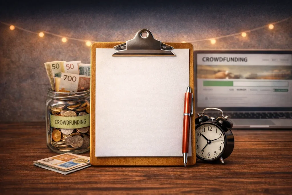 Oppsett i landskapsformat med blank notatblokk på clipboard, penn, glass med mynter og sedler, vekkerklokke og laptop med kampanjeside i bakgrunnen, som symboliserer planlegging og gjennomføring av crowdfunding-kampanje.