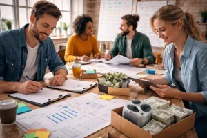 Fire personer sitter samlet rundt et bord i et moderne kontormiljø og jobber med et prosjekt. På bordet ligger tegninger, grafer og dokumenter, sammen med en eske med kontanter og en prototype, mens deltakerne diskuterer og gjennomgår planer på nettbrett og papir.