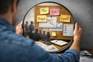 Person holder et speil foran prosjektplan med budsjett, risiko og lansering – crowdfunding som realitetssjekk