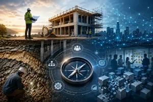 Konseptbilde som viser kontrasten mellom bygging på ustabil grunn og digital transformasjon, med byggeplass og geologisk grunnarbeid på den ene siden og en digital by med nettverk og teknologi på den andre, som illustrerer behovet for struktur, modenhet og riktig fundament før man starter utvikling.