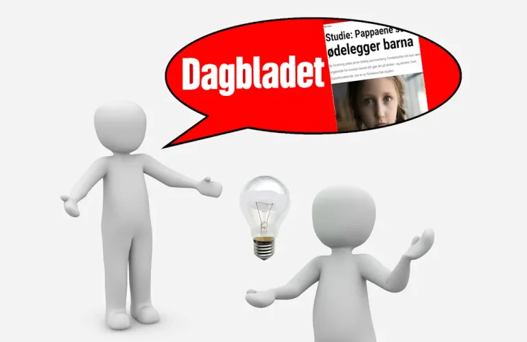 Illustrasjon med to figurer og en lyspære som symboliserer refleksjon, der en snakkeboble viser Dagbladets overskrift «Pappaene som ødelegger barna» som eksempel på en spisset medievinkling