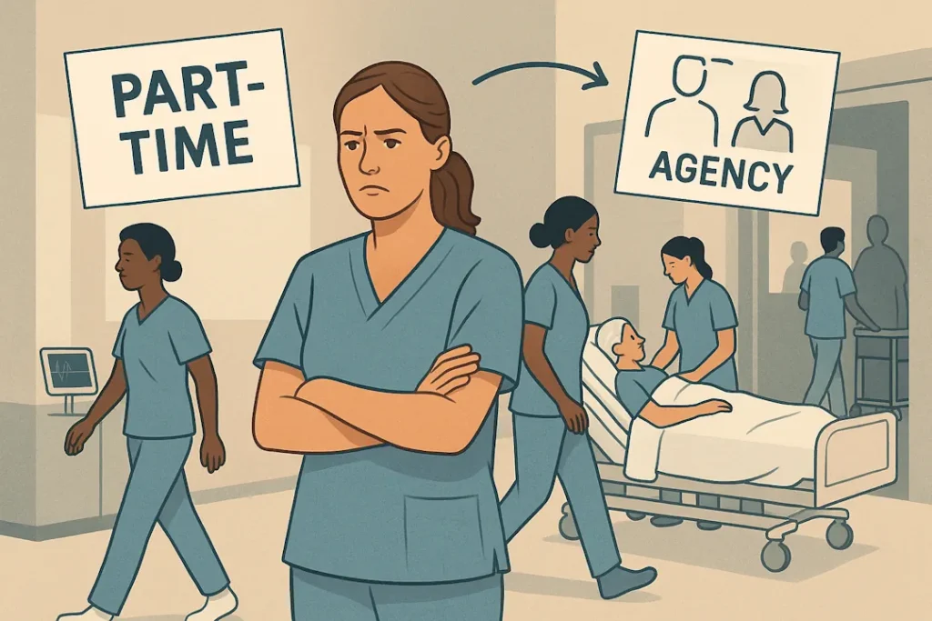 En gruppe helsearbeidere i blå uniformer beveger seg gjennom et sykehusmiljø. I forgrunnen står en sykepleier med armene i kors og et alvorlig uttrykk. I bakgrunnen ser vi en pasient i seng som blir fulgt av to ansatte, mens andre helsearbeidere går forbi. Illustrasjonen viser kontrasten mellom deltidsarbeid og innleide vikarer i helsevesenet.