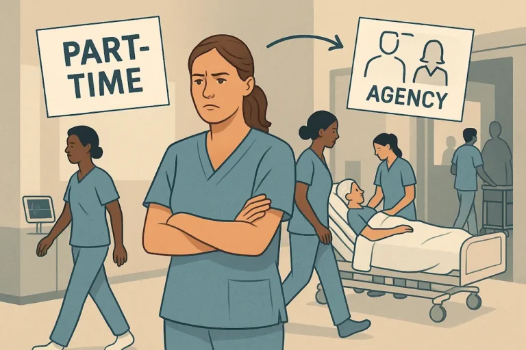 En gruppe helsearbeidere i blå uniformer beveger seg gjennom et sykehusmiljø. I forgrunnen står en sykepleier med armene i kors og et alvorlig uttrykk. I bakgrunnen ser vi en pasient i seng som blir fulgt av to ansatte, mens andre helsearbeidere går forbi. Illustrasjonen viser kontrasten mellom deltidsarbeid og innleide vikarer i helsevesenet.