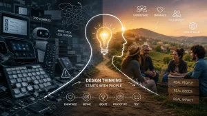 Illustrasjon som viser kontrasten mellom teknologidrevet kompleksitet og menneskesentrert design. Venstre side er mørk og kaotisk, fylt med skjermer, fjernkontroller, tastaturer og en kundeservicerobot som symboliserer teknologi som har blitt unødvendig komplisert. Høyre side er lys og innbydende, med mennesker som sitter sammen i et naturskjønt landskap og samtaler, omgitt av symboler for forståelse, empati, samarbeid og verdiskaping. I midten går en sti gjennom en silhuett av et menneskehode med en lyspære, som illustrerer innsikt og idéutvikling. Nederst vises de fem fasene i design thinking: empati, definere, idéutvikling, prototype og testing. Bildet formidler at gode løsninger starter med å forstå mennesker og deres behov, ikke med teknologi alene.