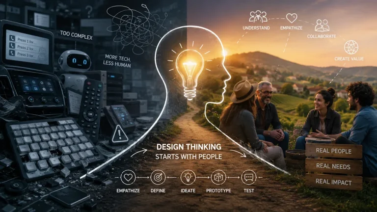 Illustrasjon som viser kontrasten mellom teknologidrevet kompleksitet og menneskesentrert design. Venstre side er mørk og kaotisk, fylt med skjermer, fjernkontroller, tastaturer og en kundeservicerobot som symboliserer teknologi som har blitt unødvendig komplisert. Høyre side er lys og innbydende, med mennesker som sitter sammen i et naturskjønt landskap og samtaler, omgitt av symboler for forståelse, empati, samarbeid og verdiskaping. I midten går en sti gjennom en silhuett av et menneskehode med en lyspære, som illustrerer innsikt og idéutvikling. Nederst vises de fem fasene i design thinking: empati, definere, idéutvikling, prototype og testing. Bildet formidler at gode løsninger starter med å forstå mennesker og deres behov, ikke med teknologi alene.