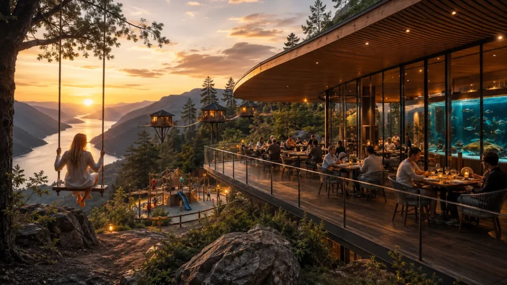 Moderne opplevelsessted i naturen med restaurant, terrasse, akvarievegg, lekeområde, trehytter, hengebroer og utsikt over fjord og fjell i solnedgang.