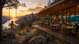Moderne opplevelsessted i naturen med restaurant, terrasse, akvarievegg, lekeområde, trehytter, hengebroer og utsikt over fjord og fjell i solnedgang.