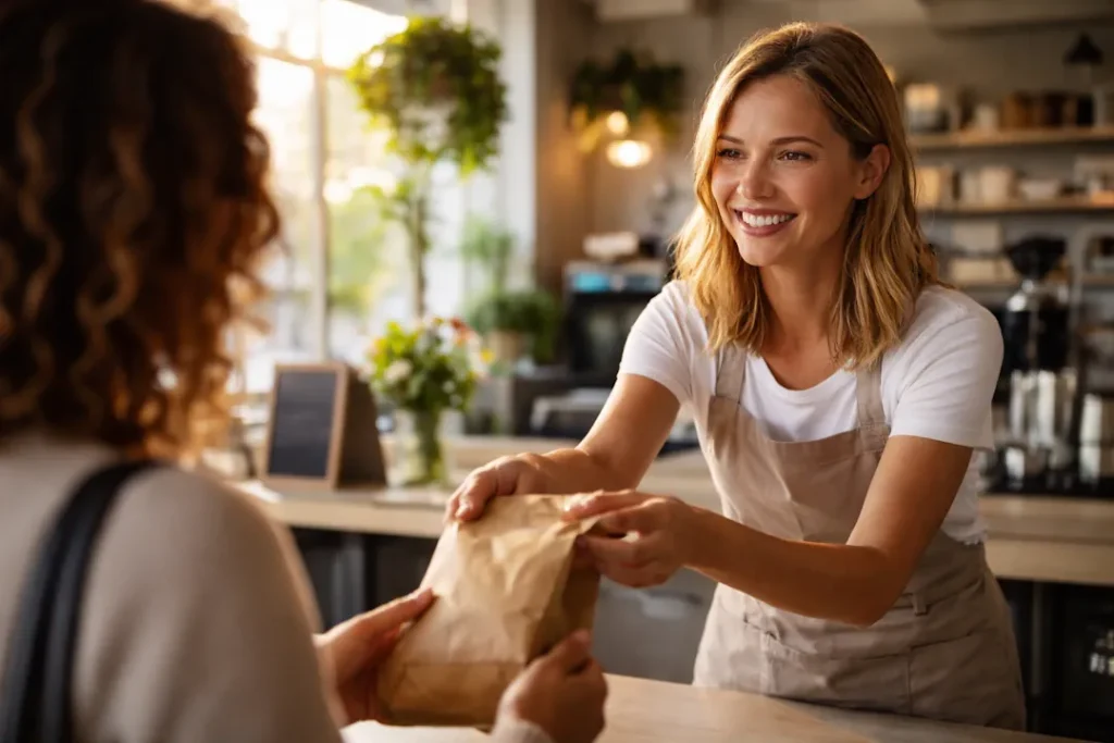 En servicemedarbeider i en kafé gir en kunde en pose over disken, i et miljø som uttrykker personlig service og menneskelig kontakt.