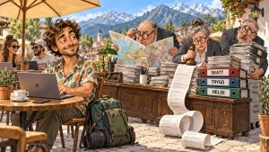 Humoristisk karikatur av en digital nomade med laptop på en kafé, mens tre byråkrater strever med kart, papirbunker og permer merket skatt, trygd og helse.