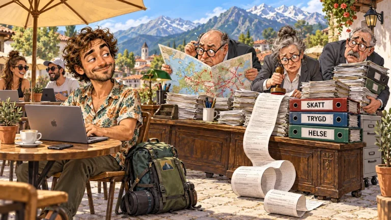 Humoristisk karikatur av en digital nomade med laptop på en kafé, mens tre byråkrater strever med kart, papirbunker og permer merket skatt, trygd og helse.