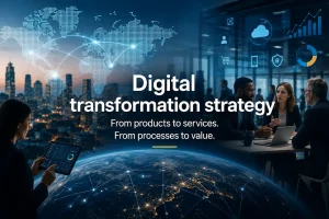 Illustrasjon av digital transformasjon med globalt nettverk, moderne kontormiljø, digitale tjenester og mennesker i møte rundt teknologi, strategi og forretningsutvikling.