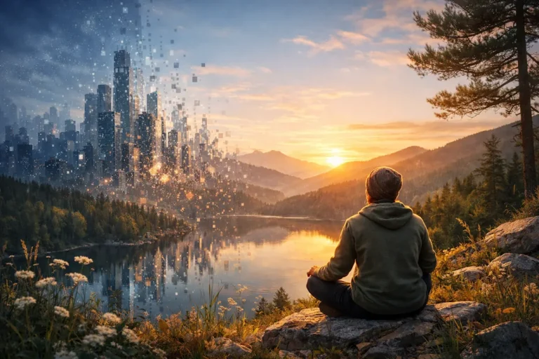 Person sitter ved en stille innsjø i solnedgang mens en digital by løses opp i piksler i bakgrunnen, som kontrast mellom teknologisk støy og mental ro.