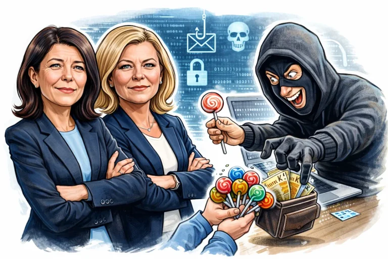 Karikaturillustrasjon av en digital svindler med hettegenser som stjeler penger fra en lommebok ved hjelp av en datamaskin, fremstilt som å ta sukkertøy fra et barn, mens symboler for phishing, hacking og datasvindel vises i bakgrunnen.