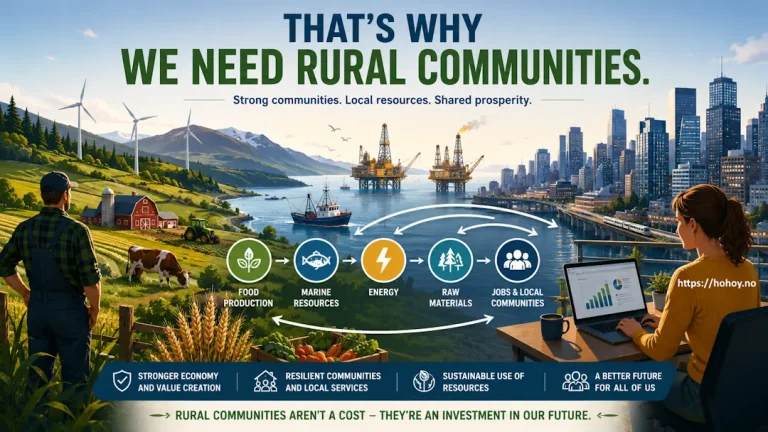 Illustration showing the connection between rural communities and modern society. The image features farmland, wind turbines, fishing boats, offshore oil platforms, food production, and natural resources on one side, with a modern city and remote work on the other. Arrows and icons symbolize how rural areas support jobs, energy, food production, local communities, and economic growth. The headline reads: “That’s Why We Need Rural Communities.”