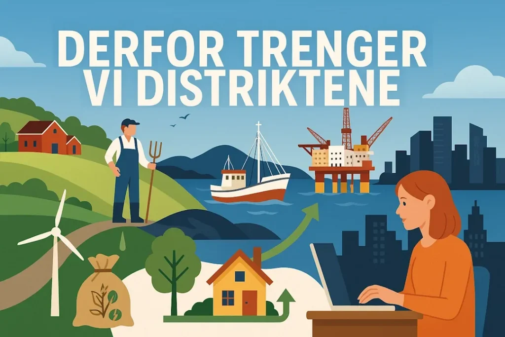 Illustrasjon av balansen mellom by og distrikt i Norge, med en liten bygd omgitt av natur på venstre side og en moderne bysilhuett på høyre side, symbolsk delt av et landskap som viser kontrasten mellom ressursene i distriktene og urban vekst.