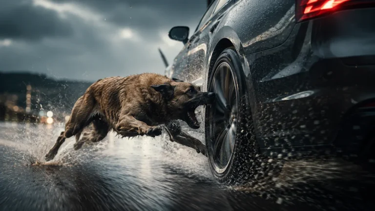 En hund løper aggressivt etter bakhjulet på en mørk bil i høy fart på en våt vei. Vann spruter fra dekkene mens hunden hopper frem med intenst fokus, i en dramatisk og filmatisk scene som symboliserer instinkter, impulser og reaksjoner.