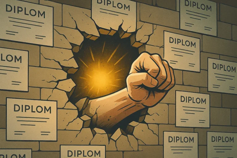 Illustrasjon av en knyttneve som bryter gjennom en mur av diplomer, med et sterkt lys som strømmer ut fra åpningen – symbol på å utfordre etablerte strukturer og tenke utenfor systemet.