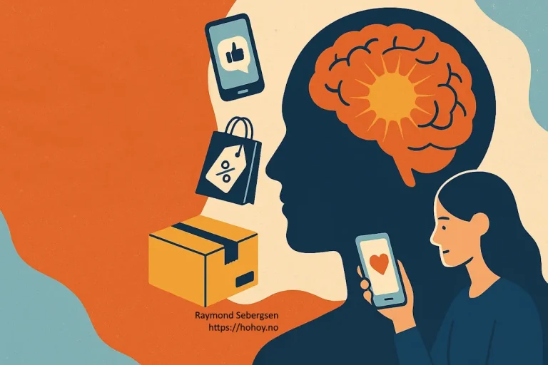 Illustrasjon av dopaminøkonomien, der en kvinne ser på mobilen sin mens et stort hode med en opplyst hjerne symboliserer hjernens belønningssystem. Rundt henne svever ikoner for shopping, rabatter og «likes», som viser hvordan teknologi og forbruk utløser dopamin.