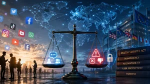 Illustrasjon av Digital Services Act (DSA) med en balansevekt i sentrum som symboliserer balansen mellom ytringsfrihet, regulering og digital kontroll. Rundt vekten vises sosiale medier, globale nettverk, mennesker med mobiltelefoner, myndighetsbygg og symboler for overvåkning, sikkerhet og moderering i et internasjonalt digitalt landskap.