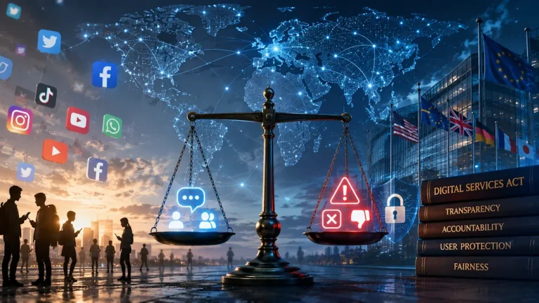 Illustrasjon av Digital Services Act (DSA) med en balansevekt i sentrum som symboliserer balansen mellom ytringsfrihet, regulering og digital kontroll. Rundt vekten vises sosiale medier, globale nettverk, mennesker med mobiltelefoner, myndighetsbygg og symboler for overvåkning, sikkerhet og moderering i et internasjonalt digitalt landskap.