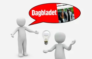 To illustrerte figurer står overfor hverandre med en lyspære mellom seg. En rød snakkeboble med Dagbladet-logoen og et utsnitt av artikkelen om Durek Verrett vises mellom dem, som symbol på en samtale om medieomtale og kulturforståelse.