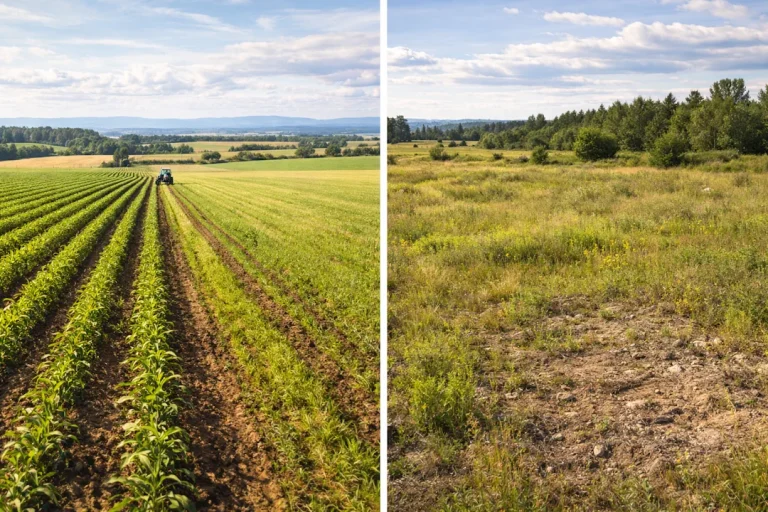 Side-ved-side illustrasjon som viser forskjellen mellom opparbeidet dyrket jord med avlinger i rader og naturlig dyrkbar jord med gress, busker og ujevn mark.