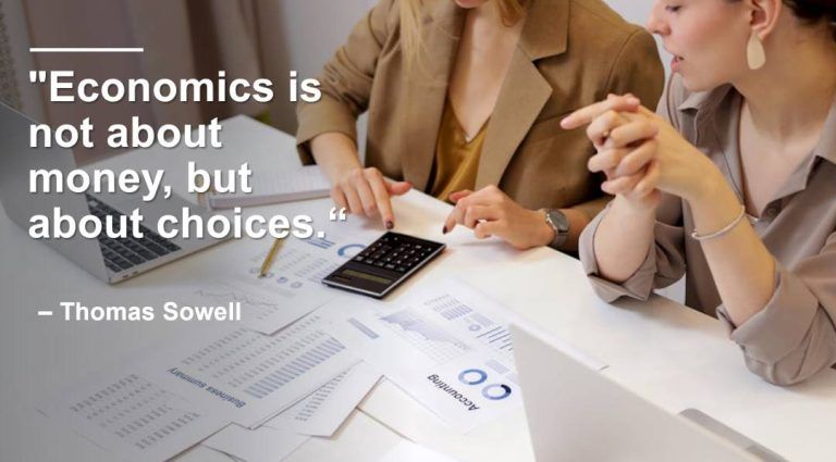 Two women discussing financial documents at a desk with charts, a calculator, and a laptop, accompanied by a quote by Thomas Sowell: 'Economics is not about money, but about choices.