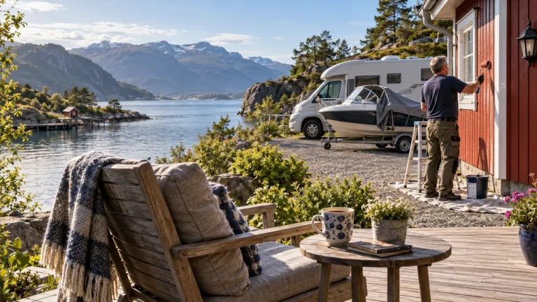 En tom stol og en kaffekopp vender mot fjorden mens en mann maler hytta. En bobil og en båt på tilhenger står parkert ved siden av.