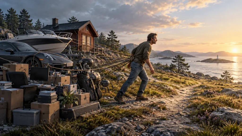 En mann forsøker å gå mot et åpent kystlandskap, men holdes igjen av tau festet til bil, båt, hytte og andre eiendeler.