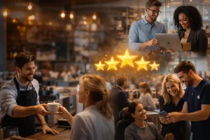 Illustrasjon av positive kundeservicemøter i ulike situasjoner, med mennesker som smiler, hjelper hverandre og deler digitale løsninger i et moderne miljø.