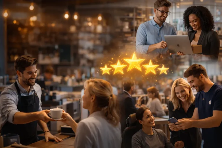 Illustrasjon av positive kundeservicemøter i ulike situasjoner, med mennesker som smiler, hjelper hverandre og deler digitale løsninger i et moderne miljø.