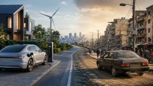 Kontrast mellom to samfunn: en moderne elbil ved ladestasjon og fornybar energi på den ene siden, og en eldre bil, tettere bebyggelse og svakere infrastruktur på den andre.