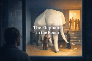 Illustrert forsidebilde som viser en stor, hvit elefant dekket av blindeskrift stående i et rom. Flere menn står rundt og kjenner på ulike deler av elefanten, mens en person betrakter scenen utenfra gjennom et vindu. Over motivet står tittelen «The Elephant in the Room» plassert midt i bildet.