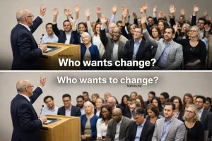 To-delt bilde i landskapsformat fra en konferansesal. Øverst står en foredragsholder ved en talerstol og spør «Who wants change?», mens nesten alle i publikum rekker hånden i været. Nederst stiller den samme foredragsholderen spørsmålet «Who wants to change?», og publikum sitter med blikket ned og hendene i fanget. Bildet illustrerer kontrasten mellom ønsket om endring og viljen til å endre seg selv.