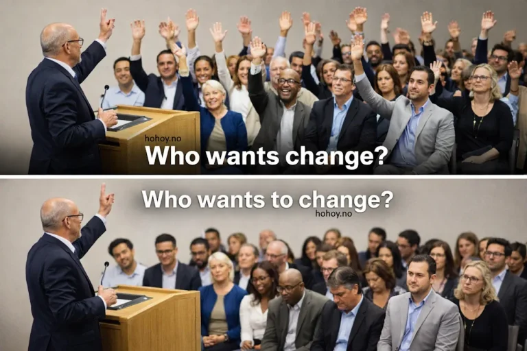 To-delt bilde i landskapsformat fra en konferansesal. Øverst står en foredragsholder ved en talerstol og spør «Who wants change?», mens nesten alle i publikum rekker hånden i været. Nederst stiller den samme foredragsholderen spørsmålet «Who wants to change?», og publikum sitter med blikket ned og hendene i fanget. Bildet illustrerer kontrasten mellom ønsket om endring og viljen til å endre seg selv.