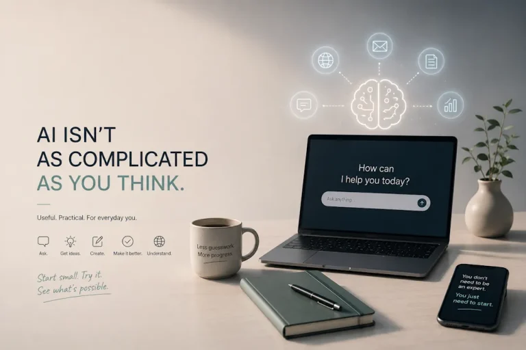 Minimalistisk og moderne arbeidsflate med laptop, kaffekopp og mobil som illustrerer hvordan kunstig intelligens kan brukes i hverdagen. Bildet inneholder teksten «AI isn’t as complicated as you think» og visualiserer AI som et enkelt og tilgjengelig verktøy for idéutvikling, skriving, læring og produktivitet.