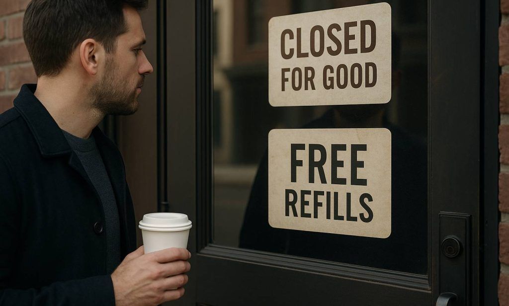 En mann står utenfor en stengt kafé med en kaffekopp i hånden, og ser på et skilt som sier "Closed for good" og "Free refills".

