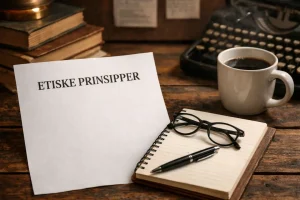 Symbolsk bilde av skrivearbeid med notater, penn og kaffe, brukt som illustrasjon til refleksjoner om etikk, ansvar og Vær Varsom-prinsipper.