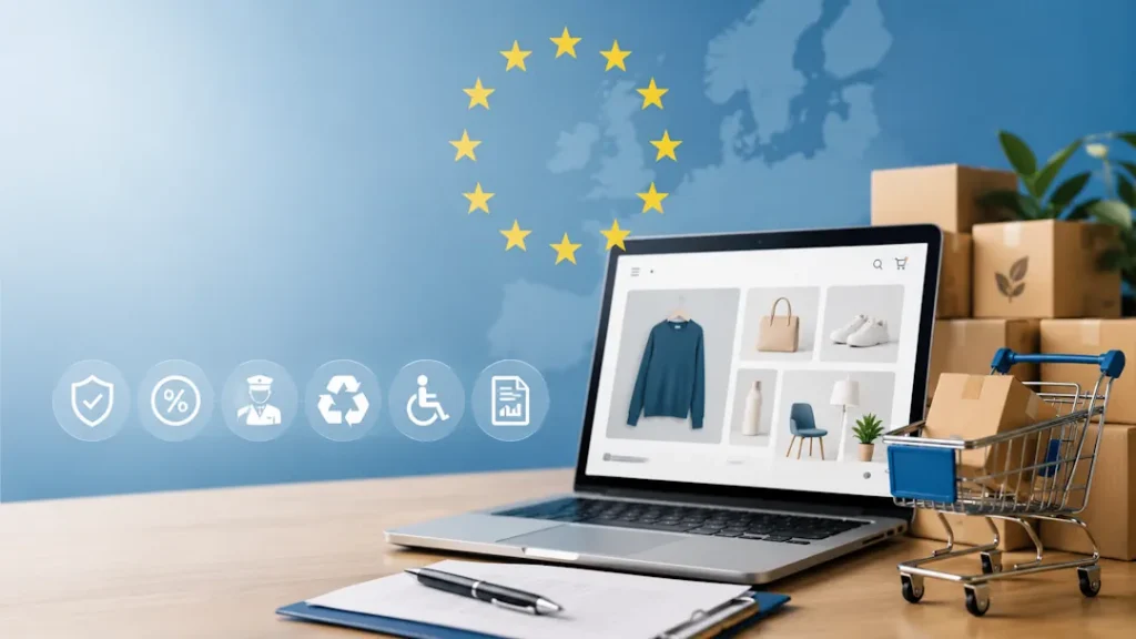 Laptop med nettbutikk på skjermen, små pakker i en handlevogn og stablede pappesker på et bord. I bakgrunnen vises EU-stjerner og ikoner for sikkerhet, avgifter, toll, resirkulering, tilgjengelighet og dokumentasjon, som illustrerer nye EU-regler for nettbutikker.