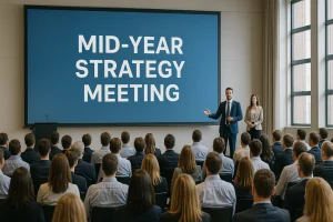 Ledere og ansatte deltar på en strategisamling i et moderne konferanserom, med to foredragsholdere foran en stor skjerm som viser teksten 'Mid-Year Strategy Meeting'. Deltakerne sitter vendt mot scenen og lytter oppmerksomt.